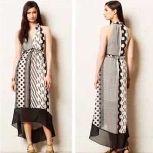 Maeve Anthropologie Channeled Dot stripe multi media high low black white dress